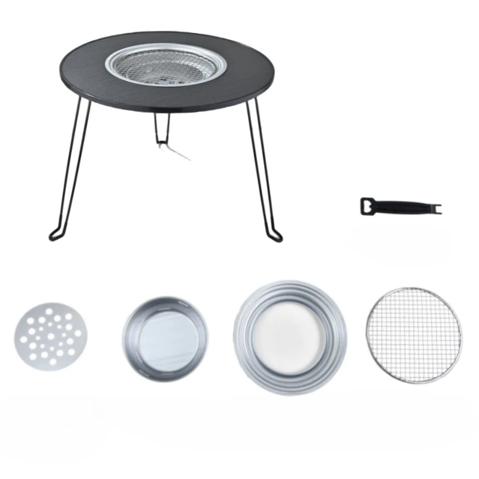 Portable foldable round table barbecue grill, smokeless barbecue grill, suitable for outdoor camping and party gatherings