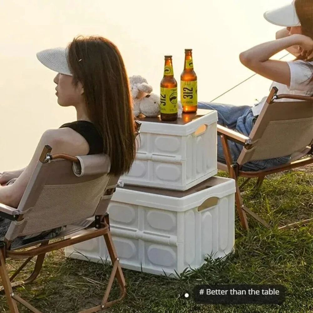 Outdoor Camping Folding Storage Box 35L Thickened Car Mounted Travel Food Foldable Organizing Tool with Carry Handle Wooden Lid