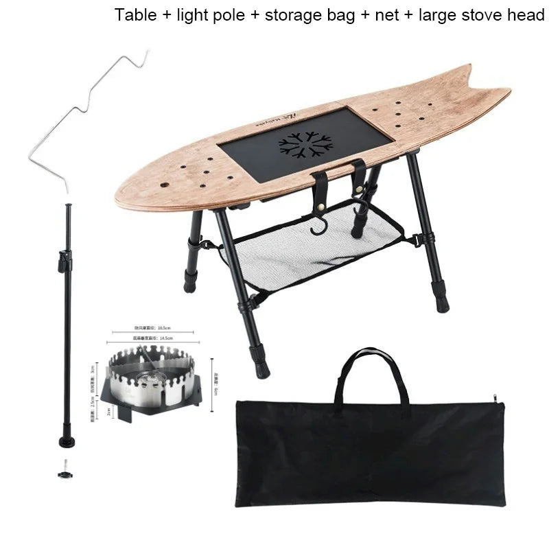 Portable Wood Coffee Table with Storage Bag Folding Creative Tea Desk Light Stand Camping Picnic Table for Outdoor Beach Hiking