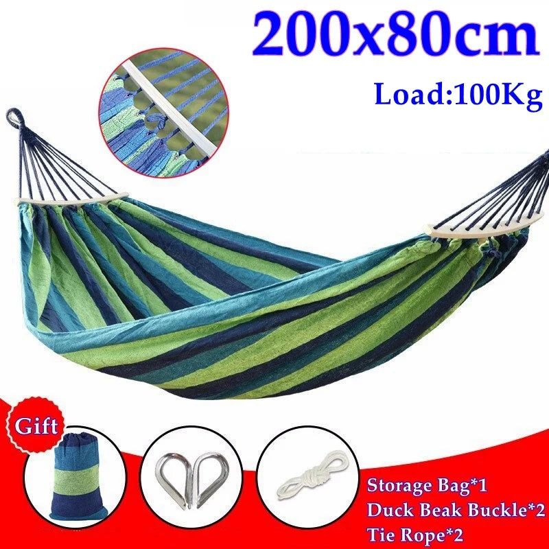 Outdoor Canvas Hammock Portable Thickened Anti-Rollover 2 Persons Striped Hammock Garden Travel Camping Hanging Swing Hammock