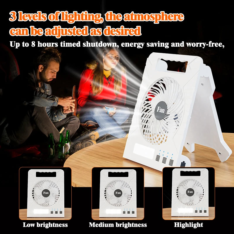 Camping Solar Fan Solar-Powered Camping Fan – Portable Rechargeable Fan with LED Light & Power Bank for Outdoor Adventures