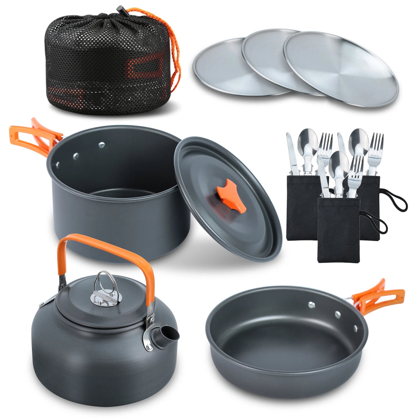 Outdoor Camping Cookware Set Portable Picnic Tableware Frying Pan Soup Pot Kettle Plate Knives Spoons Forks