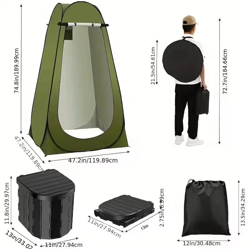 ‌Portable Pop-Up Toilet Tent Privacy Shelter for Camping RV & Outdoor Travel – Washable Foldable Kit with 12 Sanitation Bags