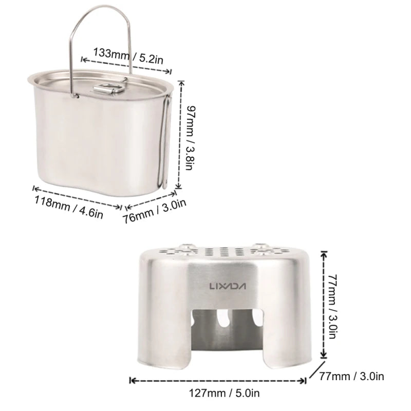 Camping Cookware Stainless Steel Canteen Cup Hanging Pot with Wood Stove Set for Outdoor Survival Backpacking Hiking Picnic