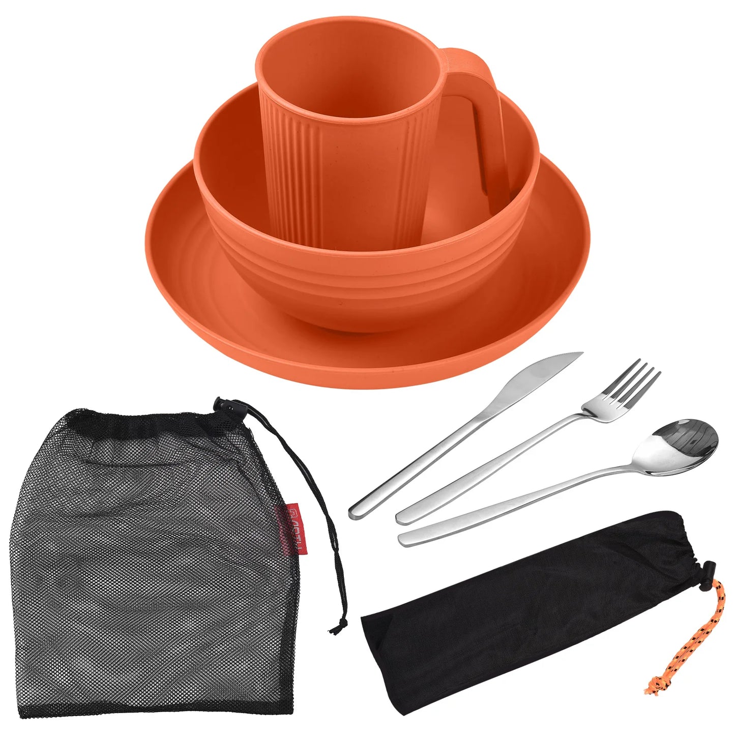 Camping Utensils Set for 1 Portable Wheat Straw Mess Kit with Bowl Plate Cup Fork Knife Spoon Outdoor Tableware & Picnicware
