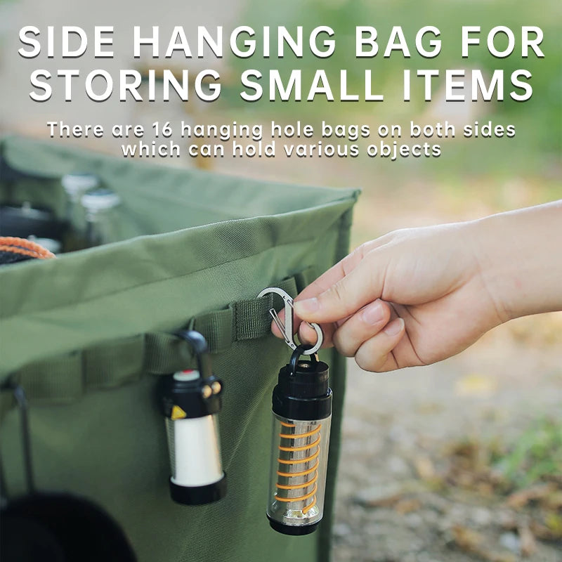 Foldable Camping Storage Bag, Heavy-Duty Canvas Trash Holder with Ground Pegs & Side Hooks, Portable Picnic Gear Organizer