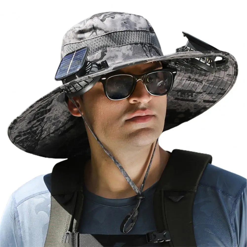 Solar Powered Cooling Hat Men Fisherman Hat Large Brim Windproof Strap USB Rechargeable Fan Hat Outdoor Fishing Camping Cap