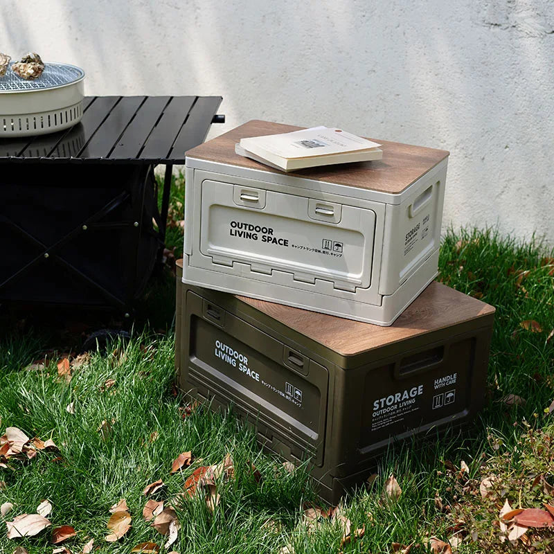 Storage Box, Outdoor Camping Foldable Storage Box with Wooden Lid Plastic Box