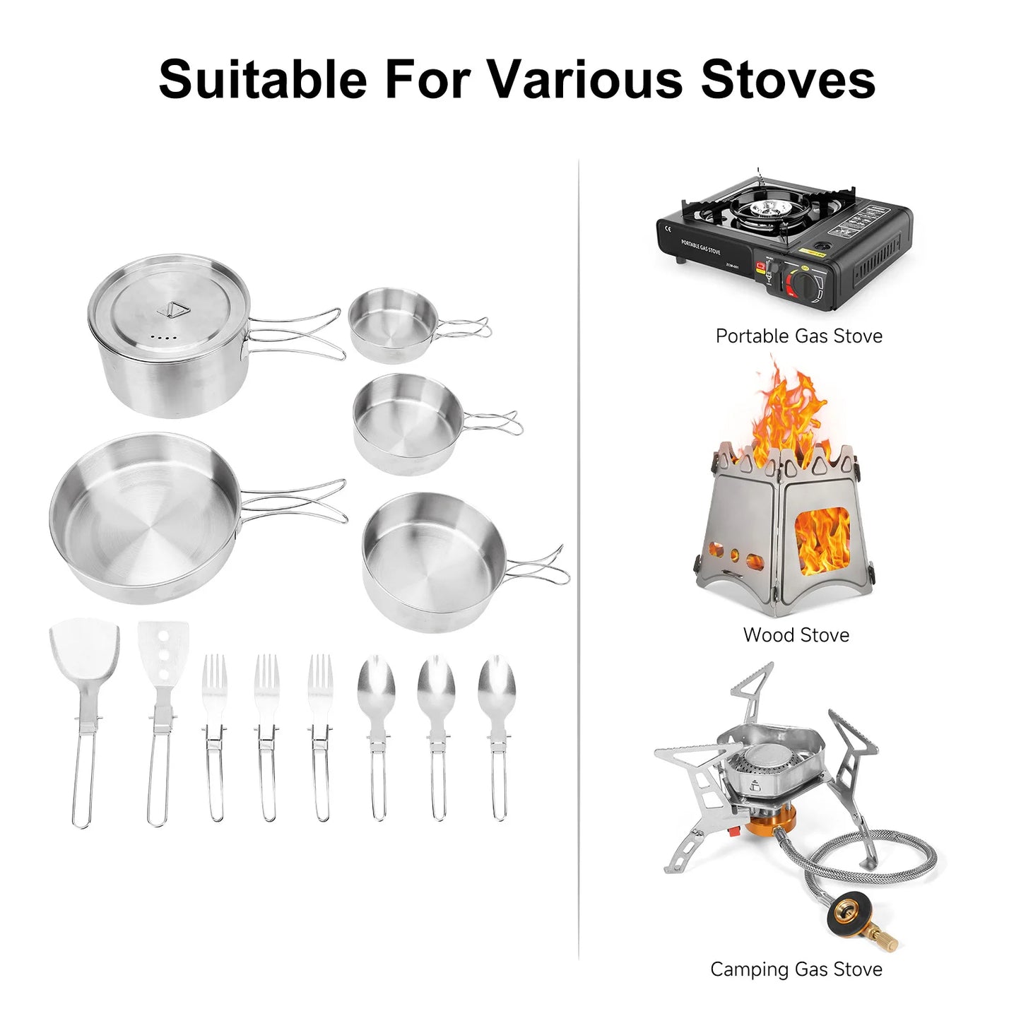 Camp Cookware Stainless Steel Camping Cookware Set Foldable Handle Portable Cookware Lightweight Cookware Set For 3 People