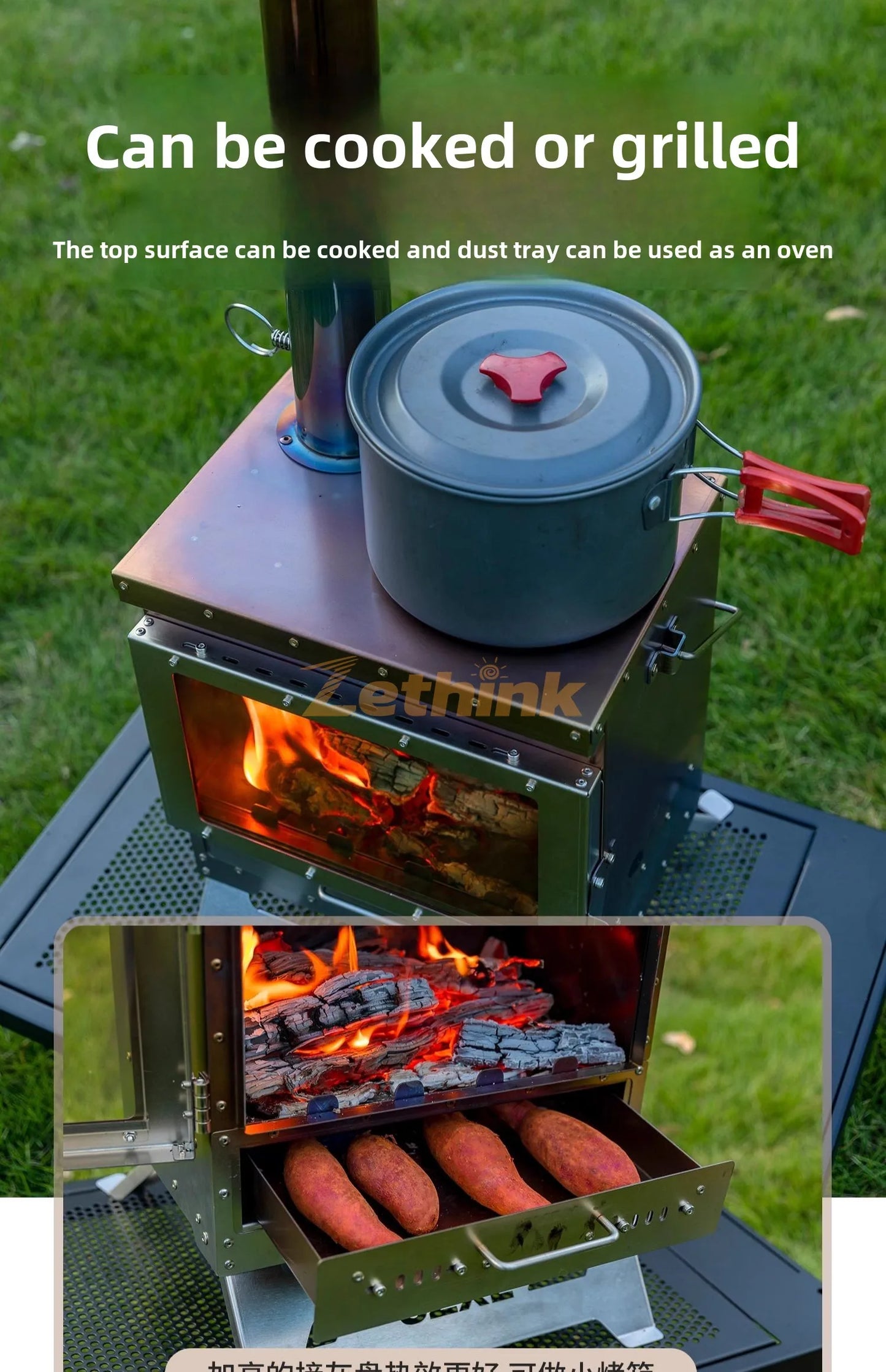 Camping Tent Stove Stainless Steel Smokeless Fireplace Secondary Burning Wood Stove Large Glass Window Firewood Heater