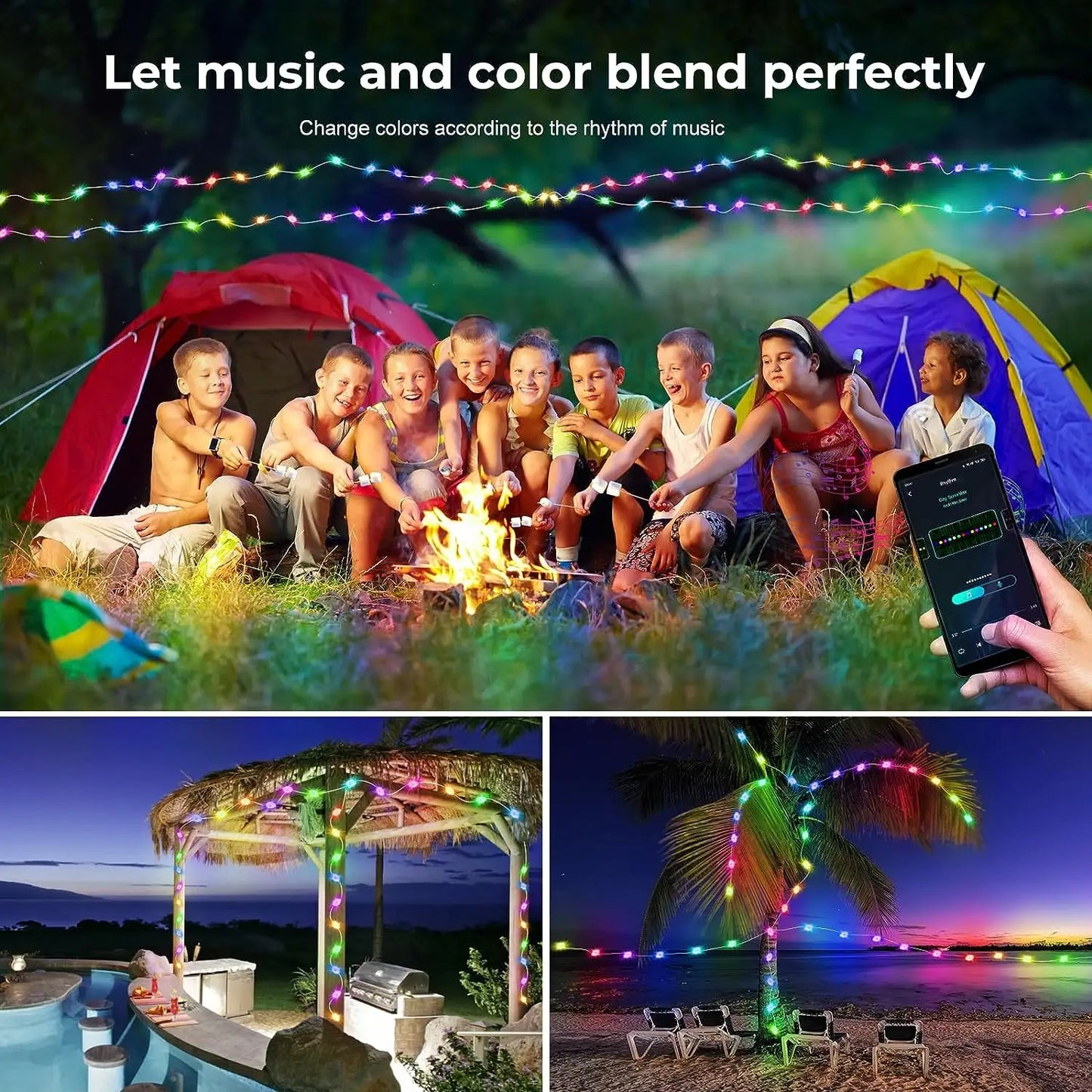 Solar Camping Lights LED Outdoor String Lights RGBIC USB Rechargeable with Storage Case APP IP65 for Camping Garden Christmas