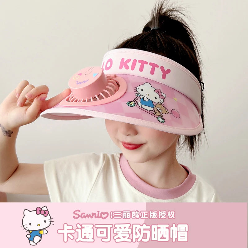 Sanrio Kids Cooling Hat With USB Fan Sun Protection Summer Outdoor Adjustable Sun Visor For Boys Girls Cute Cartoon Beach Cap