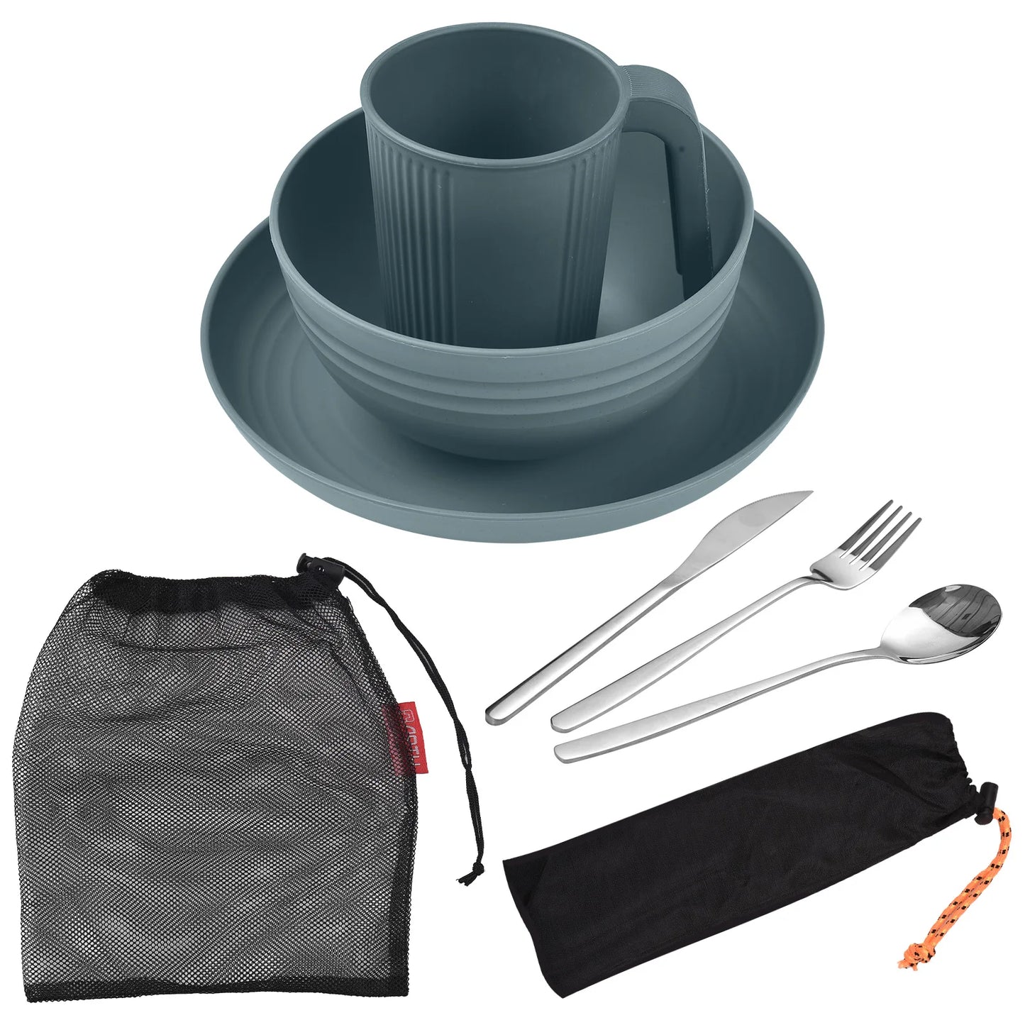 Camping Utensils Set for 1 Portable Wheat Straw Mess Kit with Bowl Plate Cup Fork Knife Spoon Outdoor Tableware & Picnicware