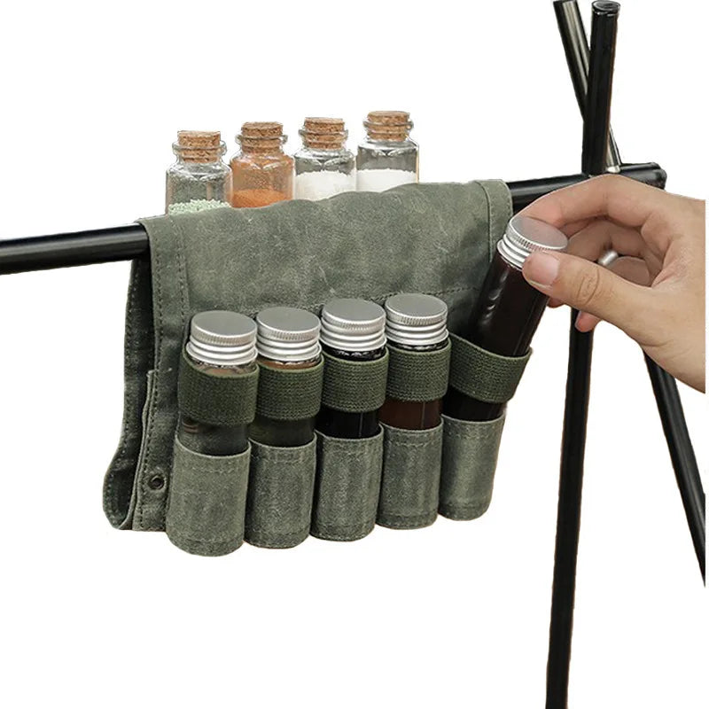 Outdoor Portable Canvas Spice Kit Organizer Waterproof Camping Accessories for Hiking Picnic BBQ with 6 Spice Containers
