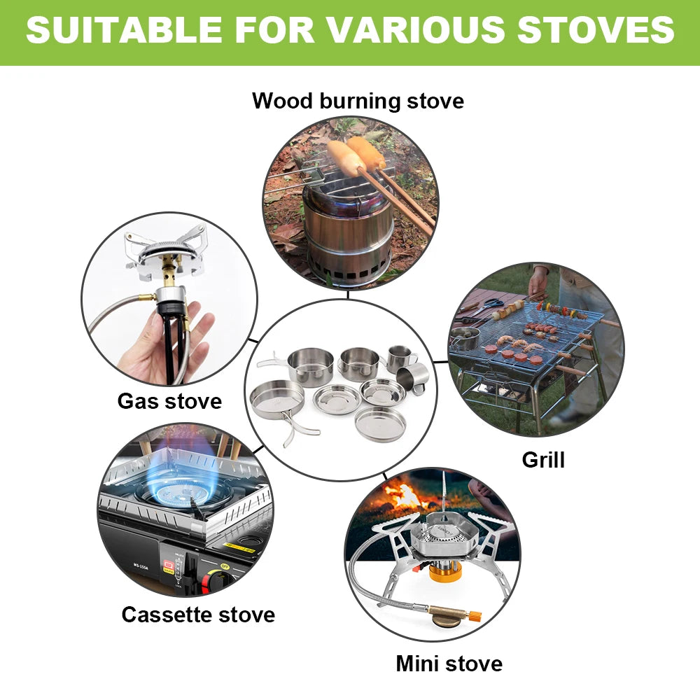 8PCS Camping Cookware Kit Portable Lightweight Stainless Steel Cooking Pot Pan Set with Plates Cups for Outdoor Picnic Hiking