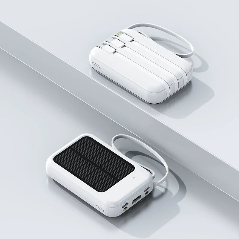 Solar Power Bank Built 4 Cables Portable Charger External Spare Battery Mini Powerbank with LED Light for IPhone Xiaomi Huawei