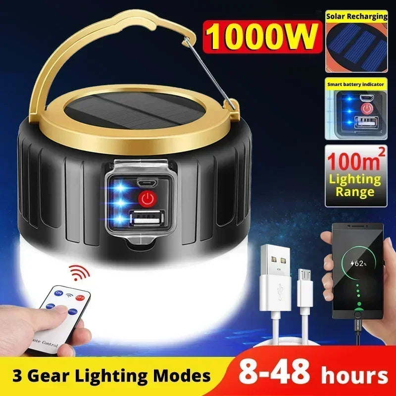 Solar Powered LED Camping Lamp USB Rechargeable Portable Lanterns Outdoor Tent Hanging Torch Emergency Home Repair Work Light