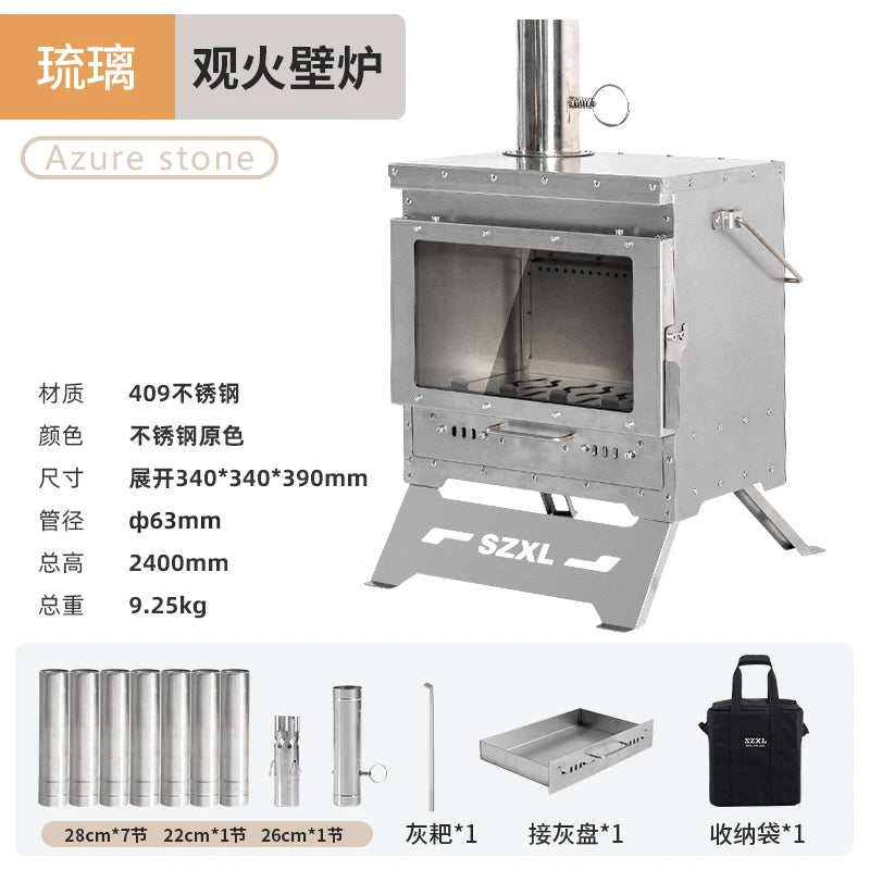 Camping Tent Stove Stainless Steel Smokeless Fireplace Secondary Burning Wood Stove Large Glass Window Firewood Heater