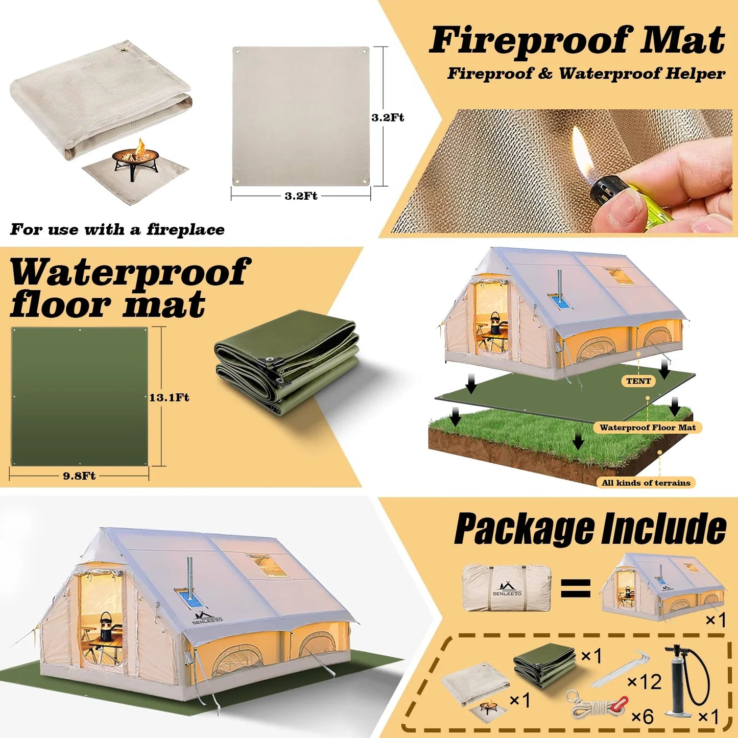 129 Sqft Large inflatable tent with Tarp,8 Person Inflatable Camping Tent 4 Season Glamping Tent Fireproof Blanket Blow up tent