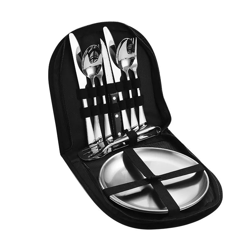 Stainless steel outdoor tableware set camping picnic knife fork spoon plate set outdoor portable meal
