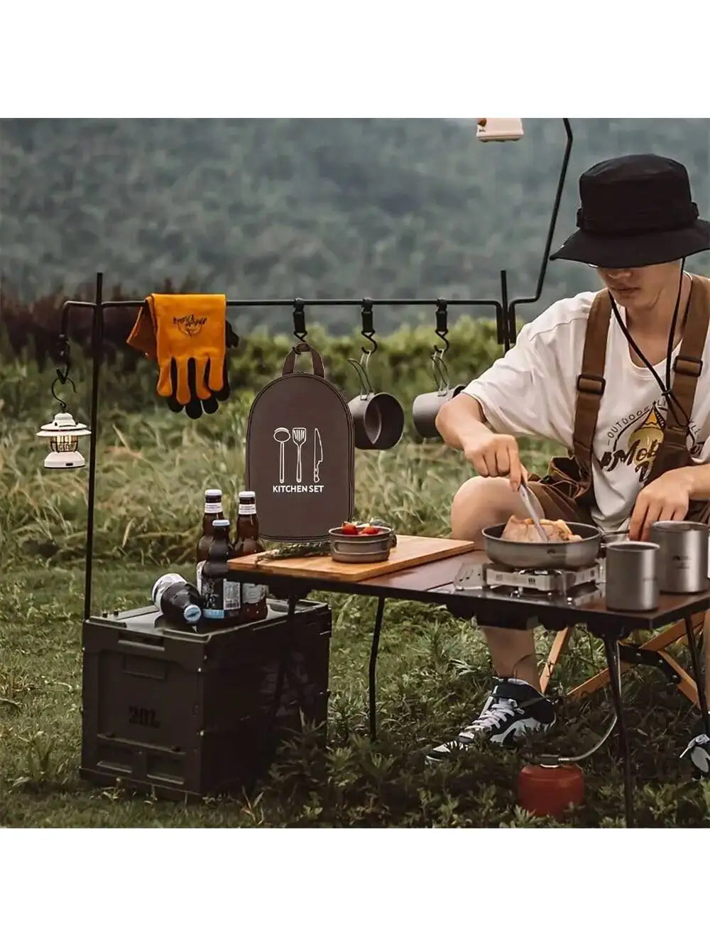 Outdoor Camping Cookware Storage Bag Cooking Utensil Organizer Kitchen Ware Container Bag Portable Picnic BBQ Tableware Pouch