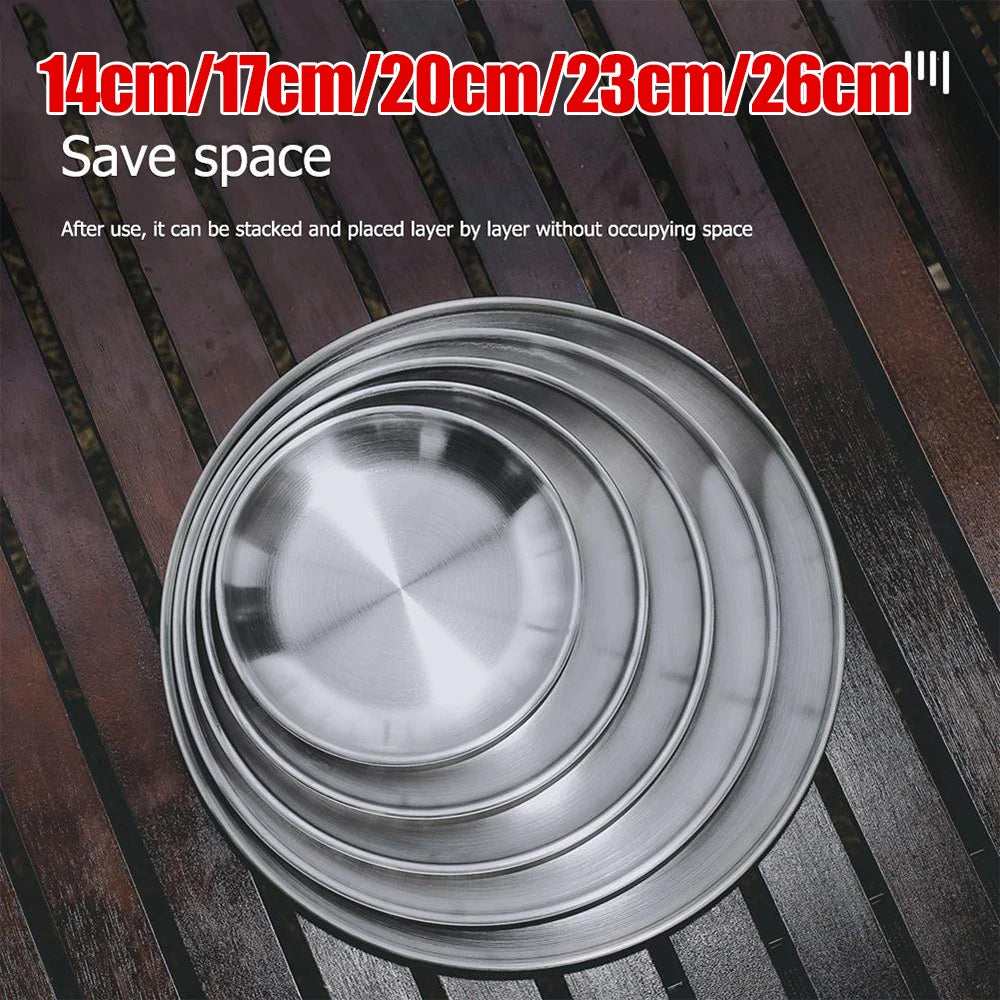 Camping Plate Stainless Steel Outdoor Camping Tableware Dinner Food Container BBQ Picnic Dishes Cookware Utensils 14-26cm Dia