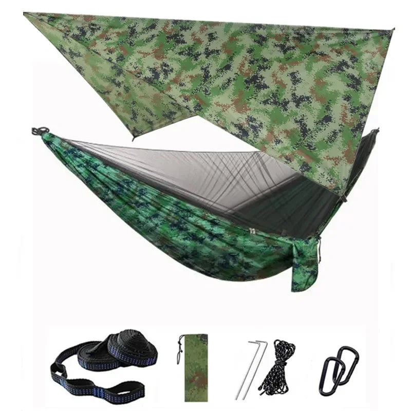 Camping Hammock with Mosquito Net and Rain Fly Tarp,Portable Parachute Tree Hammock Nylon Swing Hammocks Sun Shelter Rain Fly