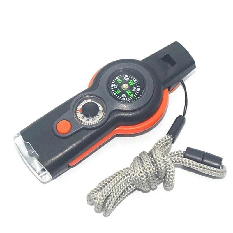 7 in 1 Outdoor Survival Emergency Tool Multifunctional Camping Hiking Whistle Compass Thermometer Magnifier Flashlight