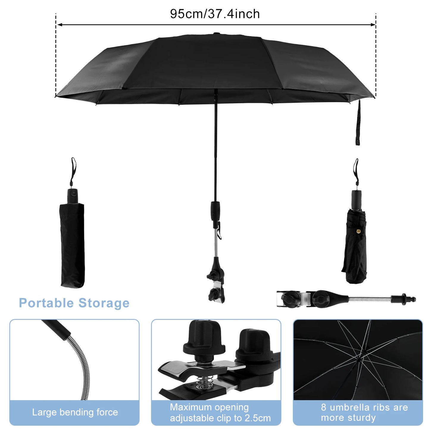 Beach Umbrella Adjustable Shade Umbrella Outdoor with Large Opening Clip Portable Umbrella Beach Camping Chair Wheelchair
