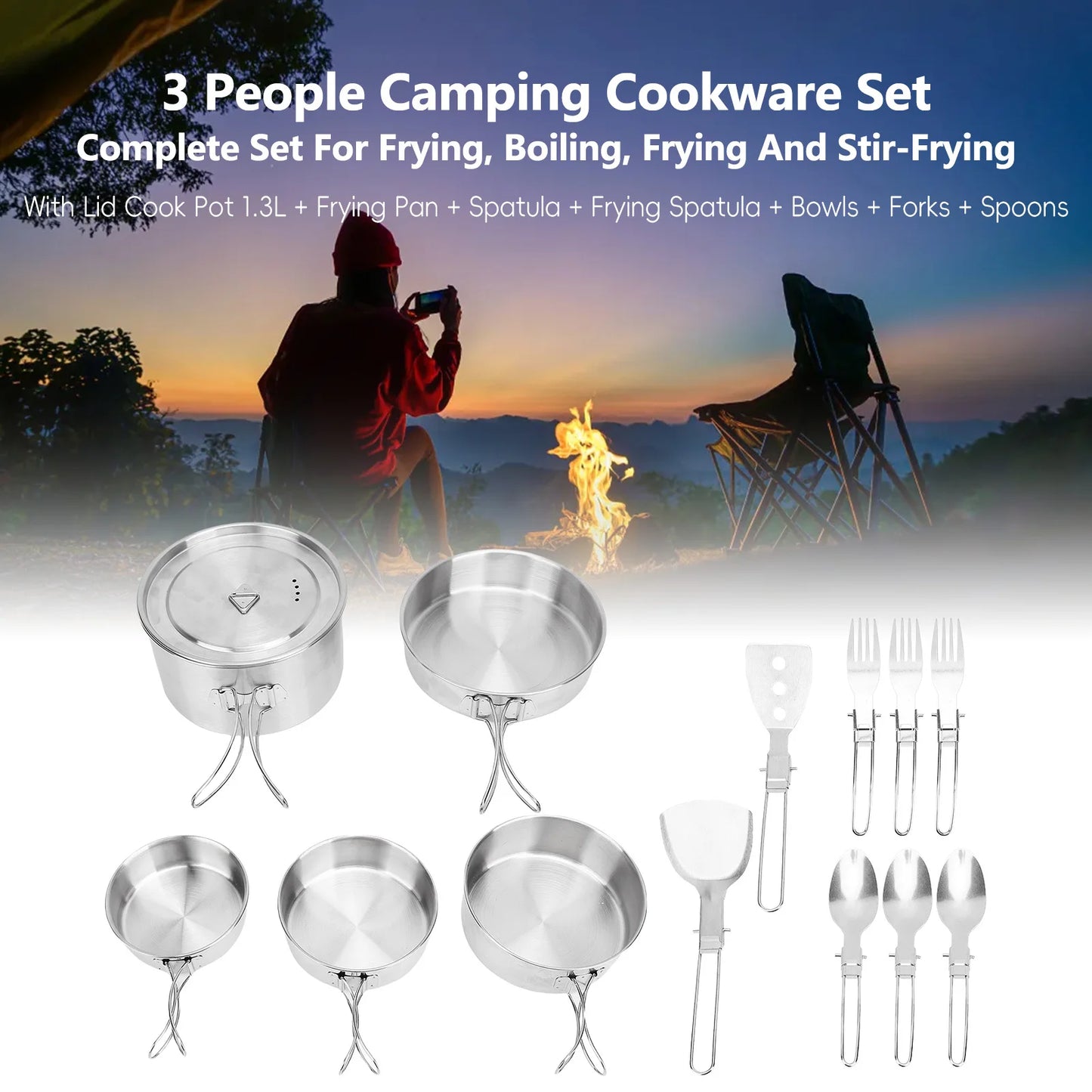 Camp Cookware Stainless Steel Camping Cookware Set Foldable Handle Portable Cookware Lightweight Cookware Set For 3 People