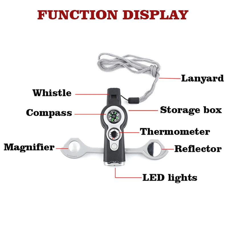 7 in 1 Outdoor Survival Emergency Tool Multifunctional Camping Hiking Whistle Compass Thermometer Magnifier Flashlight