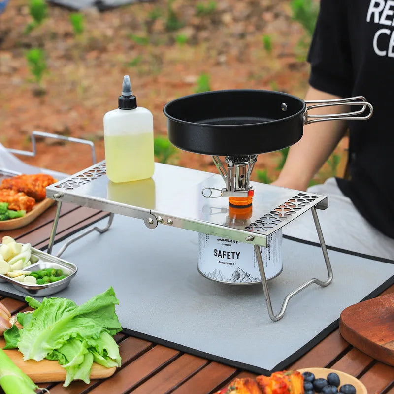 Outdoor Camping Stainless Steel Folding Gas Stove Table BBQ Portable Versatile Steel Table & Mini Burner Picnic Cooker