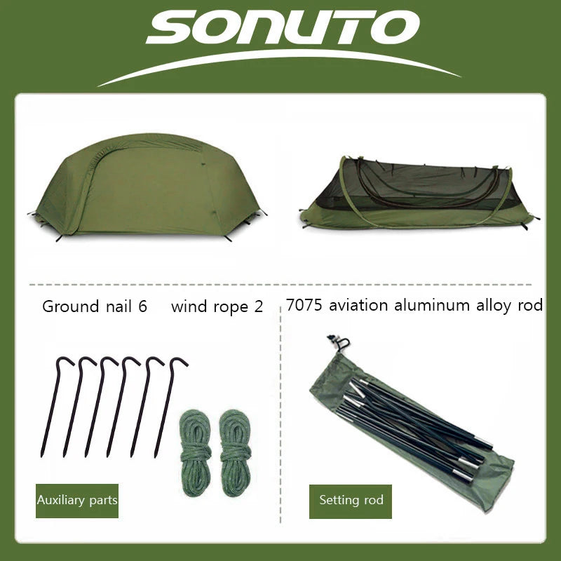 Sonuto-Camping Tent For Single Person Lightweight Nylon Tent Tactical Shelter With Mosquito Net Anti-Mosquito Waterproof Field