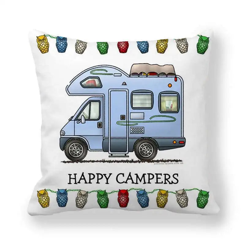 Happy Campers Car Cushion Cover Owl Outdoor Camping  Pillow  Sofa Decorative