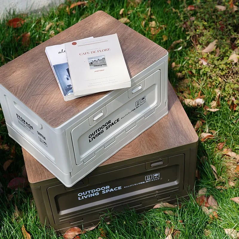 Storage Box, Outdoor Camping Foldable Storage Box with Wooden Lid Plastic Box