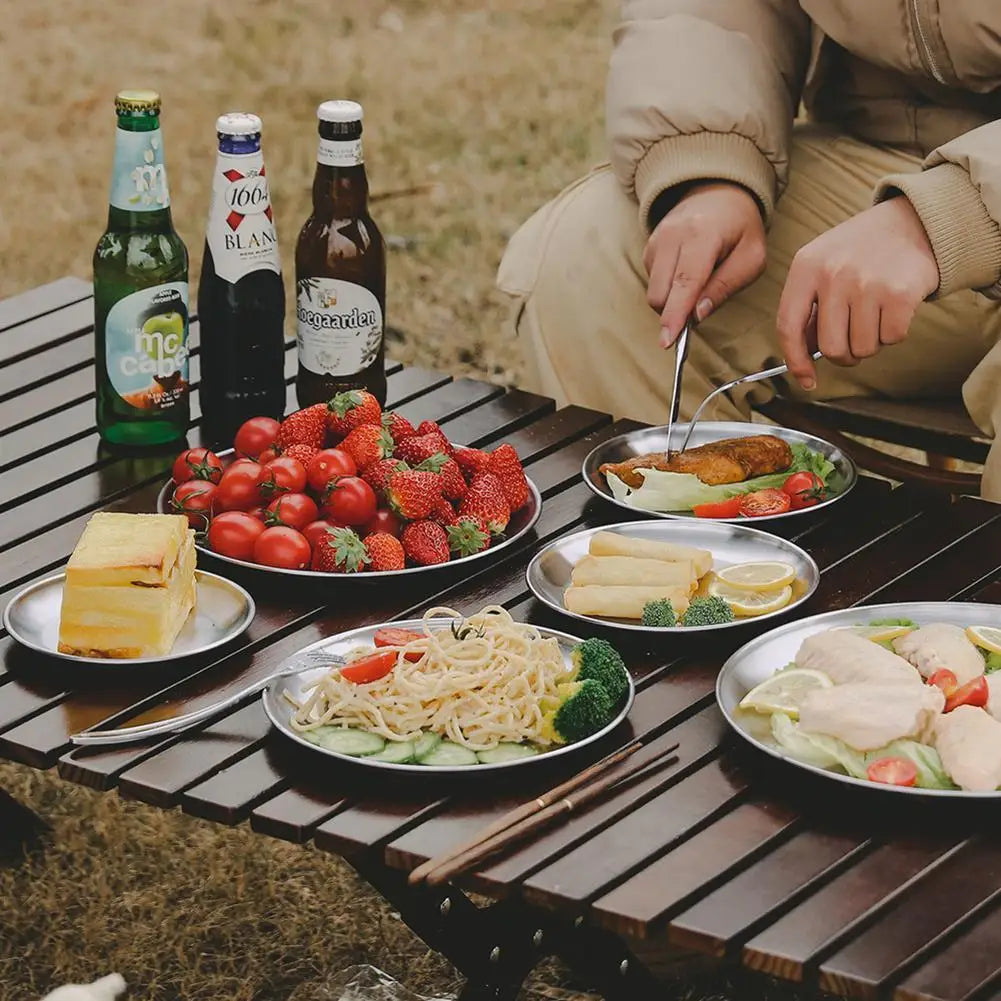 Camping Plate Stainless Steel Outdoor Camping Tableware Dinner Food Container BBQ Picnic Dishes Cookware Utensils 14-26cm Dia