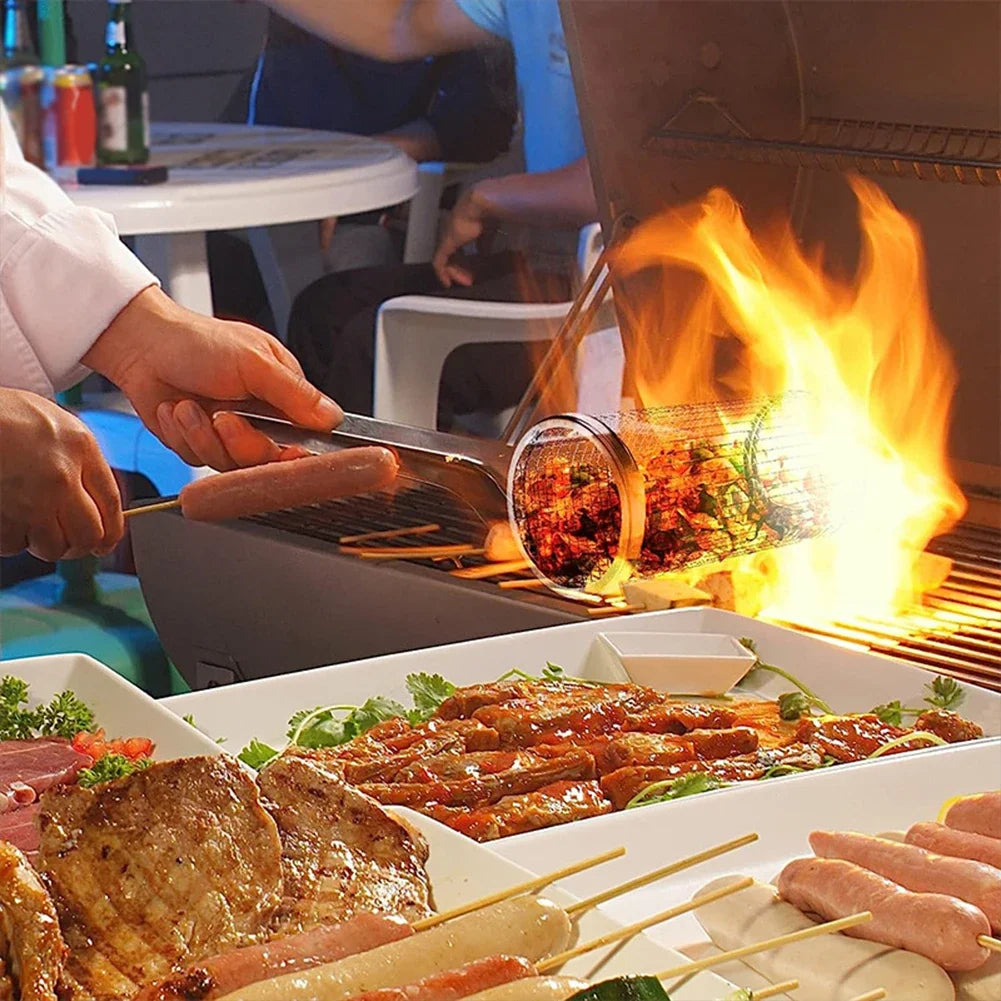 BBQ Basket Round Mesh Barbeque Rolling Grill Basket for Vegetables Fish Meat Outdoor Portable Grill Cage Kitchen Accessories