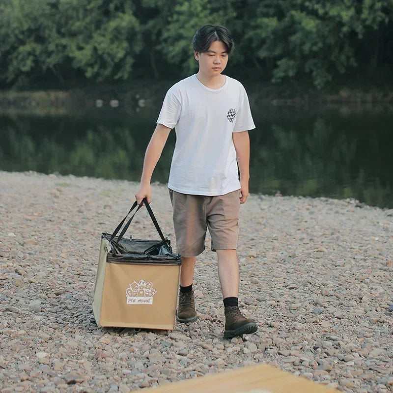 Foldable Camping Storage Bag, Heavy-Duty Canvas Trash Holder with Ground Pegs & Side Hooks, Portable Picnic Gear Organizer