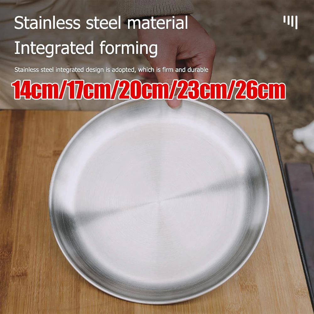 Camping Plate Stainless Steel Outdoor Camping Tableware Dinner Food Container BBQ Picnic Dishes Cookware Utensils 14-26cm Dia