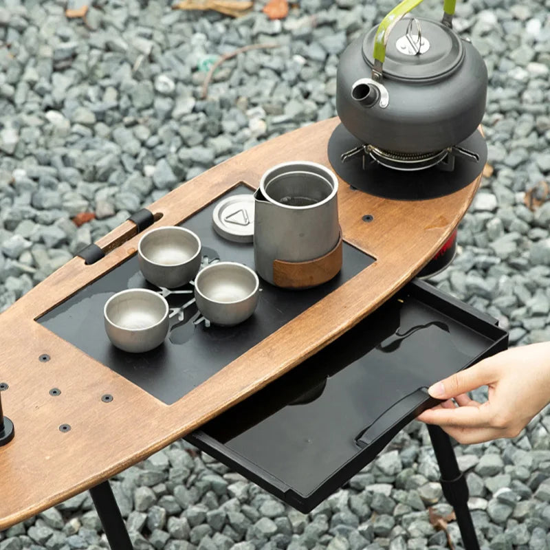 Portable Wood Coffee Table with Storage Bag Folding Creative Tea Desk Light Stand Camping Picnic Table for Outdoor Beach Hiking