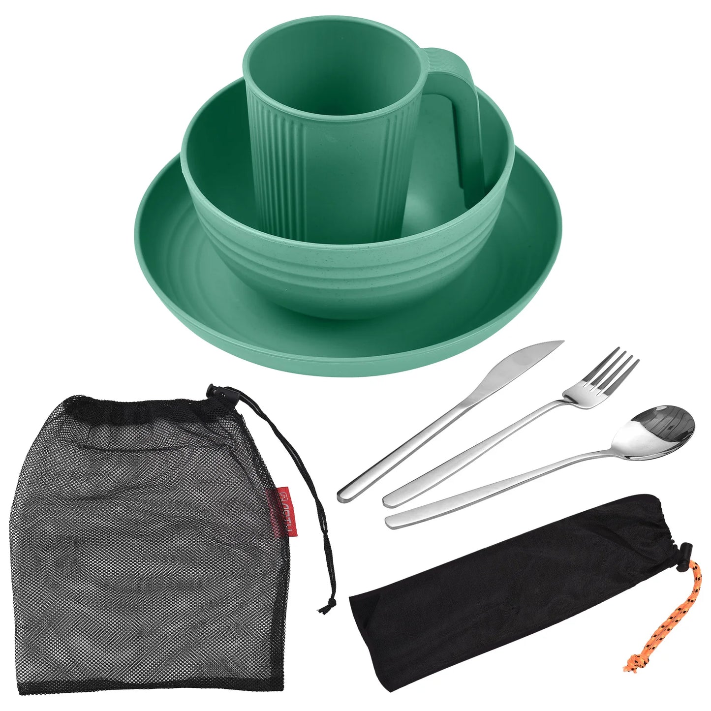 Camping Utensils Set for 1 Portable Wheat Straw Mess Kit with Bowl Plate Cup Fork Knife Spoon Outdoor Tableware & Picnicware