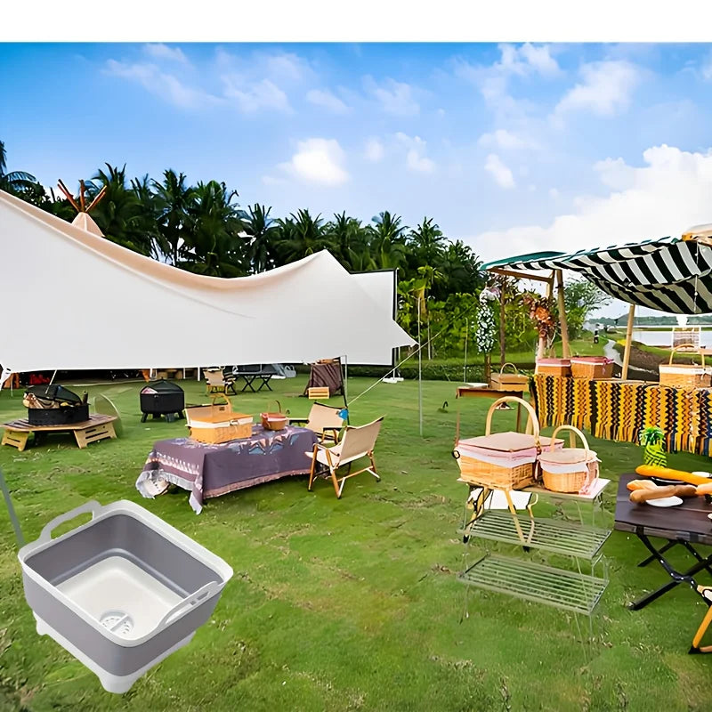 A portable water storage device designed for outdoor camping, equipped with drainage holes, foldable, vegetable washing basin