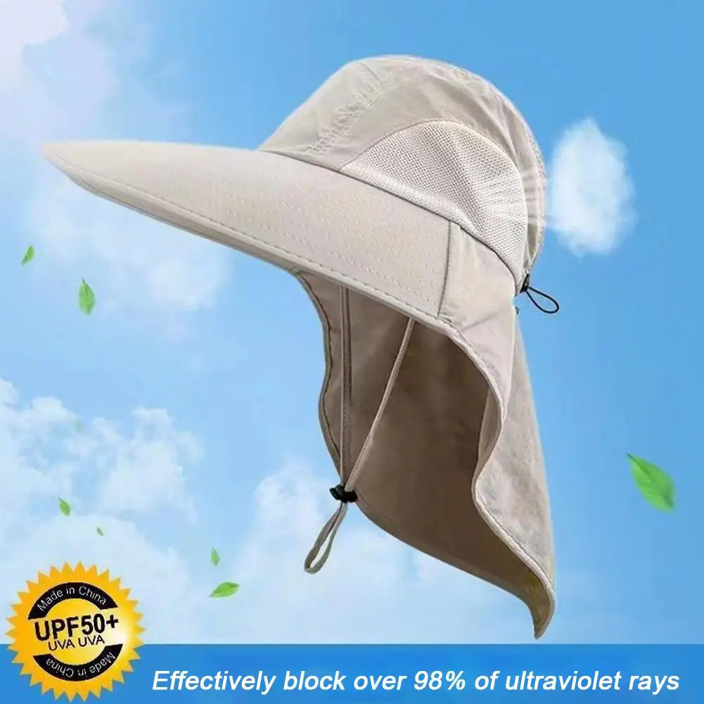 Summer Outdoor Sun Hat with UV Protection Neck Flap Fishing Cap Wide Brim Adjustable Windproof Strap For Hiking Camping