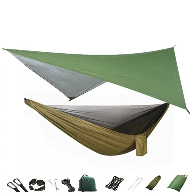 Camping Hammock with Mosquito Net and Rain Fly Tarp,Portable Parachute Tree Hammock Nylon Swing Hammocks Sun Shelter Rain Fly