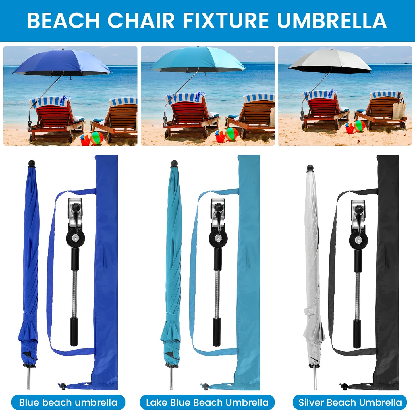 Beach Umbrella Adjustable Shade Umbrella Outdoor with Large Opening Clip Portable Umbrella Beach Camping Chair Wheelchair