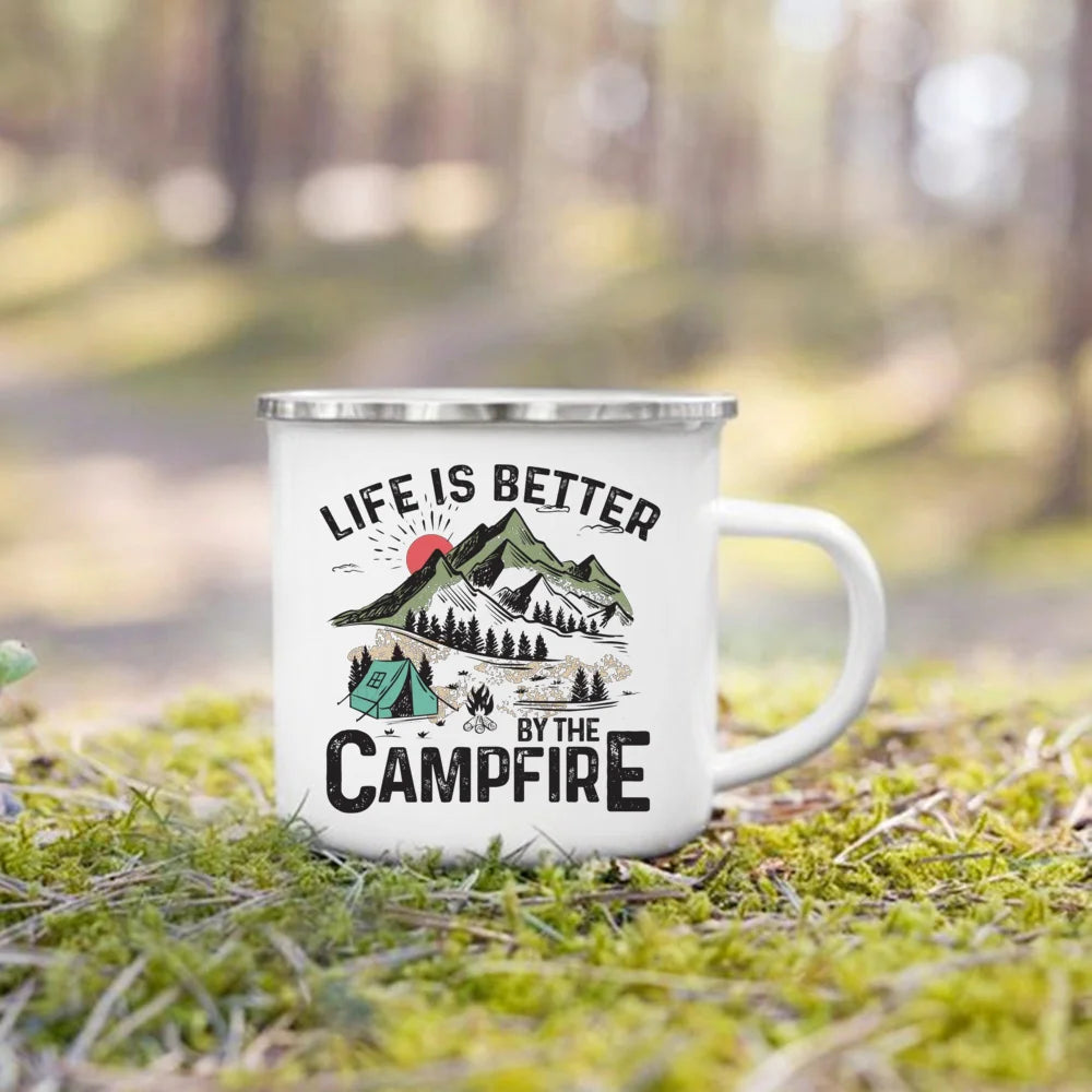 Life Is Better By The Campfire Printed Camper Mugs Camping Enamel Mug Adventure Campfire Party Beer Juice Cup Gifts for Camper