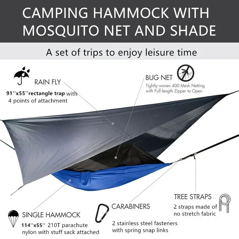 Camping Hammock with Mosquito Net and Rain Fly Tarp,Portable Parachute Tree Hammock Nylon Swing Hammocks Sun Shelter Rain Fly
