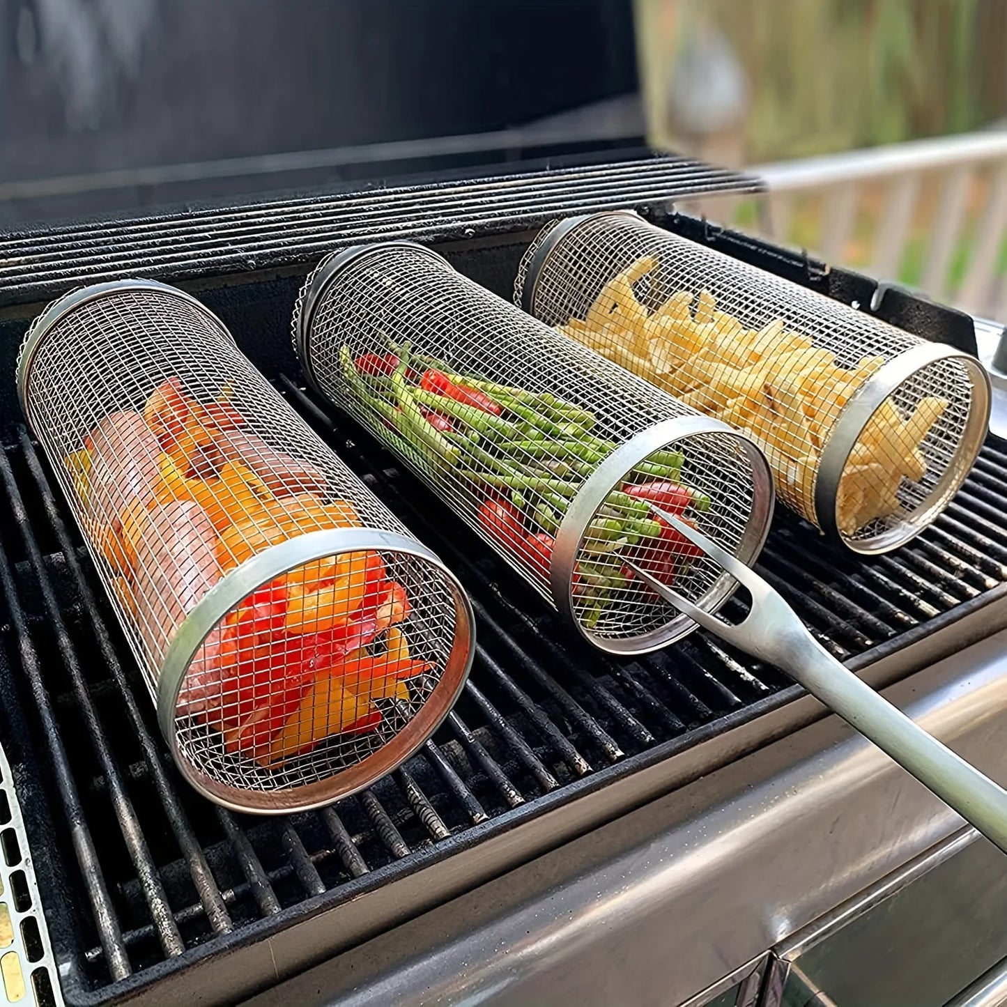 BBQ Cooking Grill Outdoor Portable BBQ Grate Cylinder Grilling Baskets for Outdoor Camping Picnic Cookware BBQ Tools
