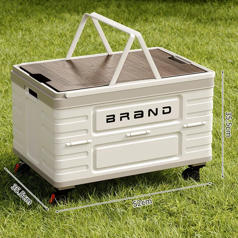 Camping Folding Box Outdoor Car Trunk Wooden Cover Camping Picnic Organizer Box Household Storage Storage Box with Wheels