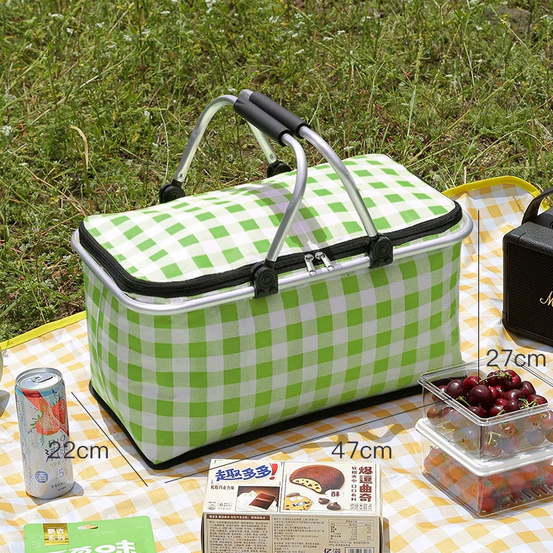 Folding picnic basket, large capacity outdoor camping insulation bag, hand-held aluminum foil thickened fabric car picnic bag